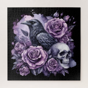 Gothic Raven Purple Roses Skull Jigsaw Puzzle