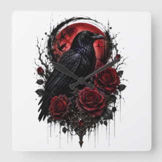 Gothic Raven Red Moon & Roses Wall Clock