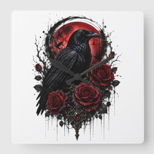Gothic Raven Red Moon & Roses Wall Clock (Front)