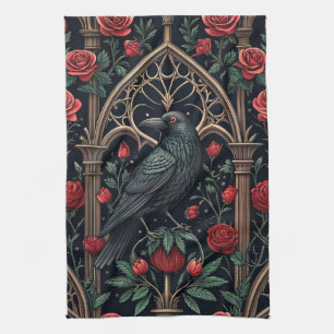 Gothic Raven Roses Ornate Pattern Tea Towel