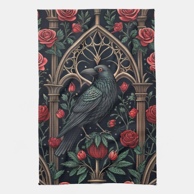 Gothic Raven Roses Ornate Pattern Tea Towel (Vertical)