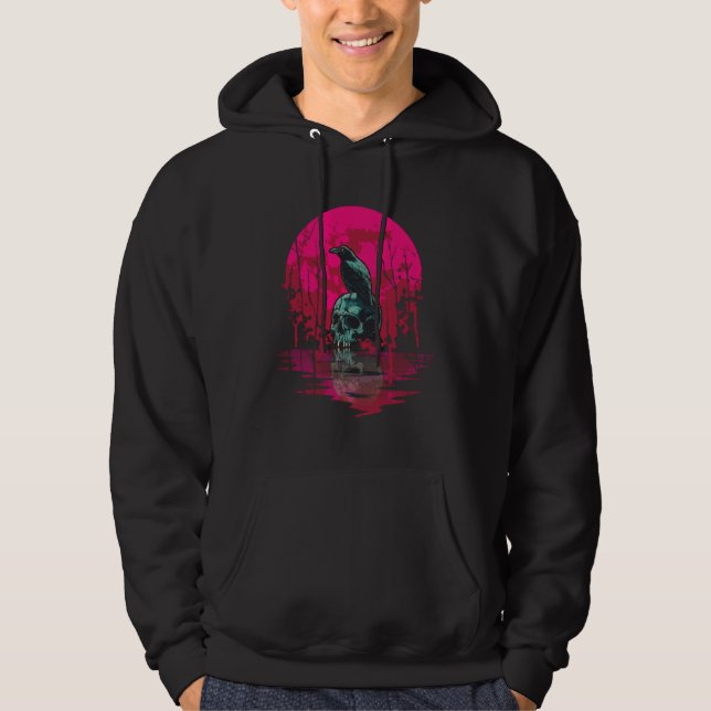 Gothic Raven Skull Red Moon Black Crow Hoodie (Front)