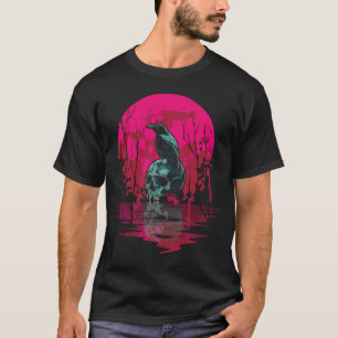 Gothic Raven Skull Red Moon Black Crow T-Shirt