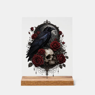 Gothic Raven Skull & Red Roses Dark Art Decor