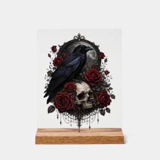 Gothic Raven Skull & Red Roses Dark Art Decor