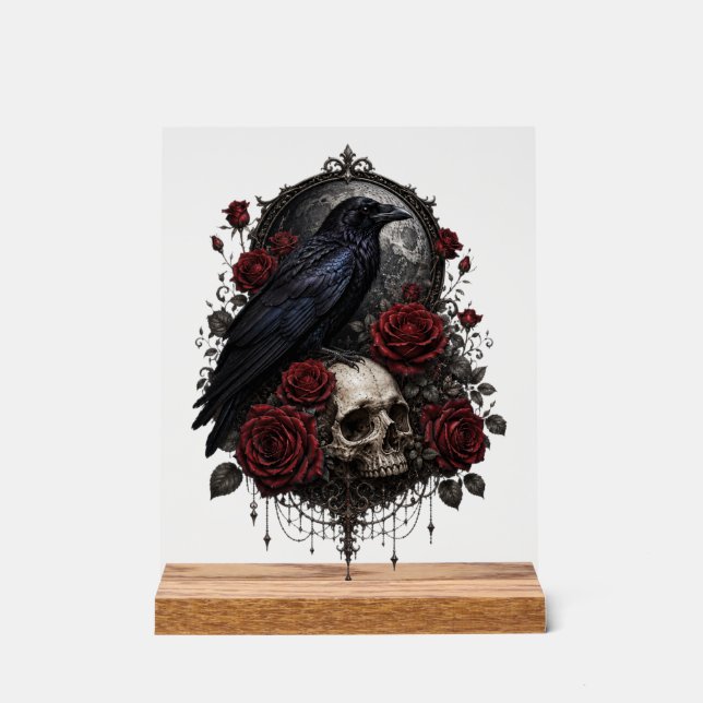 Gothic Raven Skull & Red Roses Dark Art Decor (Front)