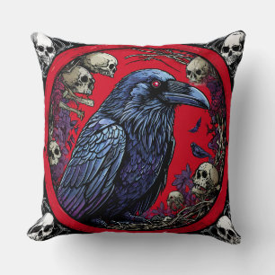 Gothic Raven Surrounded by Skulls Cushion