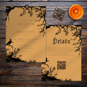 Gothic Raven Tree Engraving Black Orange Wedding Invitation