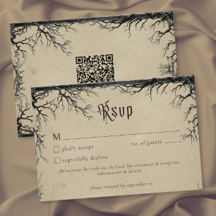 Gothic Raven Tree Engraving Black Tan Wedding QR RSVP Card