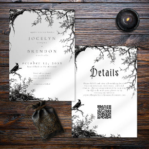Gothic Raven Tree Engraving Black White Wedding Invitation