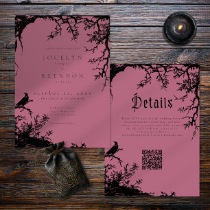 Gothic Raven Tree Engraving Black Wine Wedding Invitation