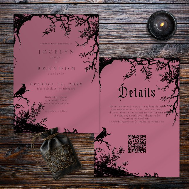 Gothic Raven Tree Engraving Black Wine Wedding Invitation (Creator Uploaded)