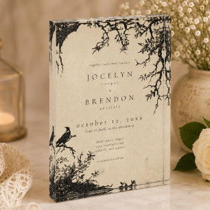 Gothic Raven Tree Engraving Tan Wedding Keepsake Photo Block