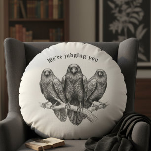 Gothic Raven Trio Judgemental Dark Academia Round Cushion