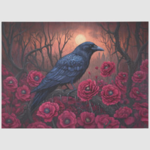 Gothic Raven with Dark Red Poppies Decoupage Tissue Paper