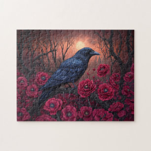 Gothic Raven with Dark Red Poppies Jigsaw Puzzle