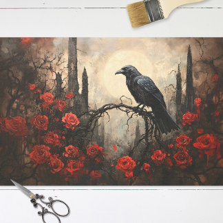 Gothic Raven with Dark Red Roses Decoupage Tissue Paper