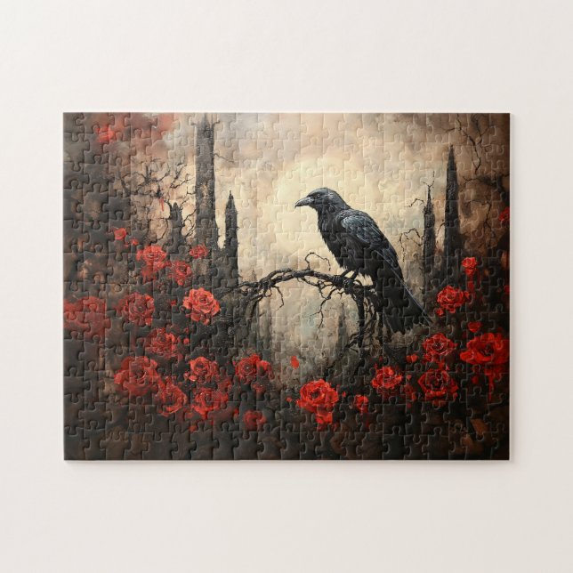 Gothic Raven with Dark Red Roses Jigsaw Puzzle (Horizontal)
