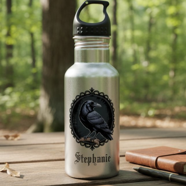 Gothic Raven with Name 532 Ml Water Bottle (Personalized Gothic raven water bottle)