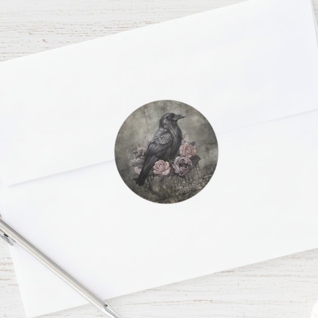 Gothic Raven with Roses Dark Classic Round Sticker (Black raven with roses round sticker)