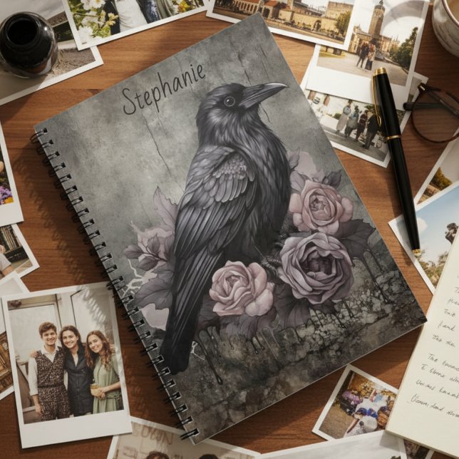 Gothic Raven with Roses Dark Photo Notebook (Personalized black raven with roses photo notebook)