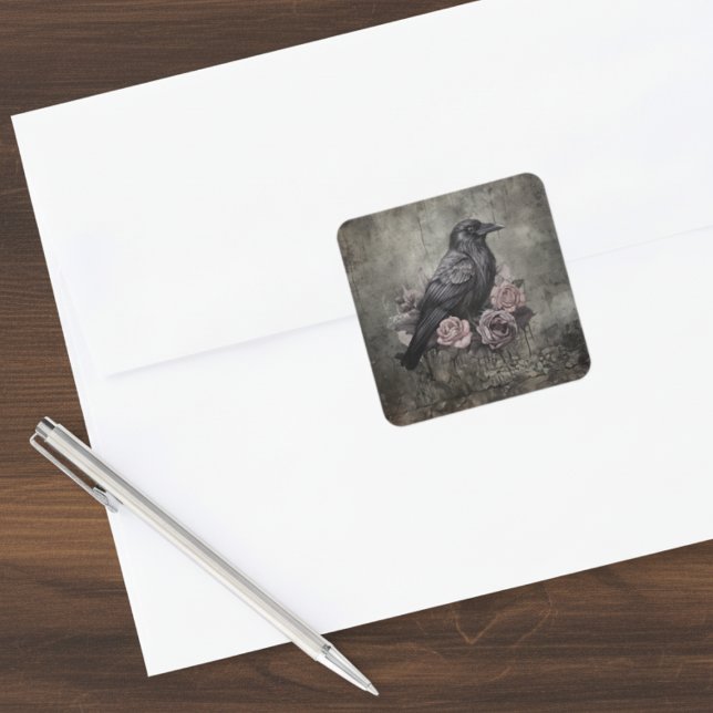 Gothic Raven with Roses Dark Square Sticker (Black raven with roses sticker)