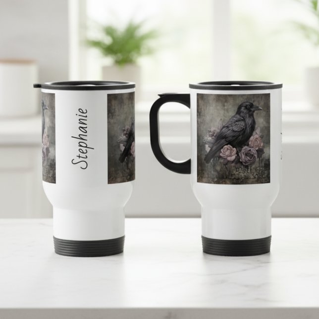 Gothic Raven with Roses Dark Travel Mug (Personalized vintage raven with roses travel mug)