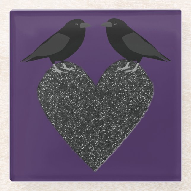 Gothic Ravens and Black Heart Glass Coaster (Front)