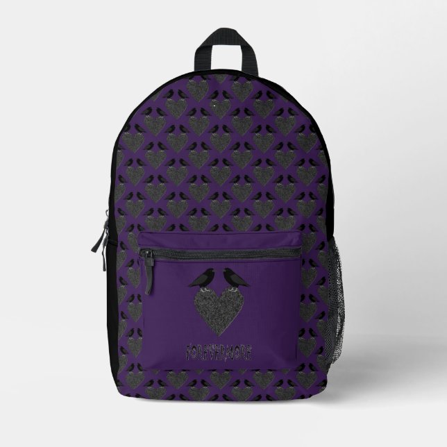 Gothic Ravens and Black Heart Patterned Printed Backpack (Front)