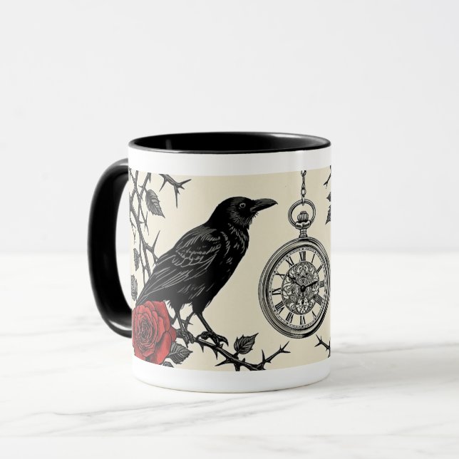 Gothic Raven's Clock and Roses Mug (Front Left)