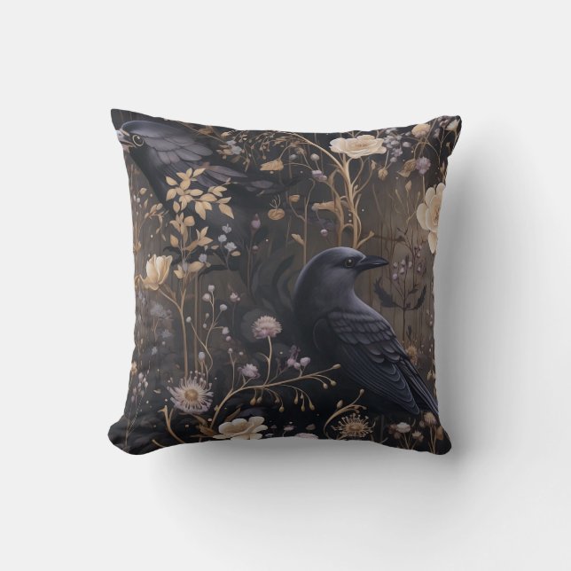 Gothic Ravens & Flowers Pattern Cushion (Front)