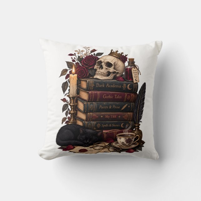 Gothic Reader Literary Bookworm Skull & Roses Cushion (Front)