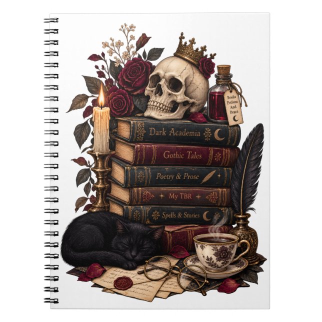 Gothic Reader Literary Bookworm Skull & Roses Notebook (Front)