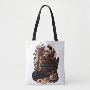 Gothic Reader Literary Bookworm Skull & Roses Tote Bag