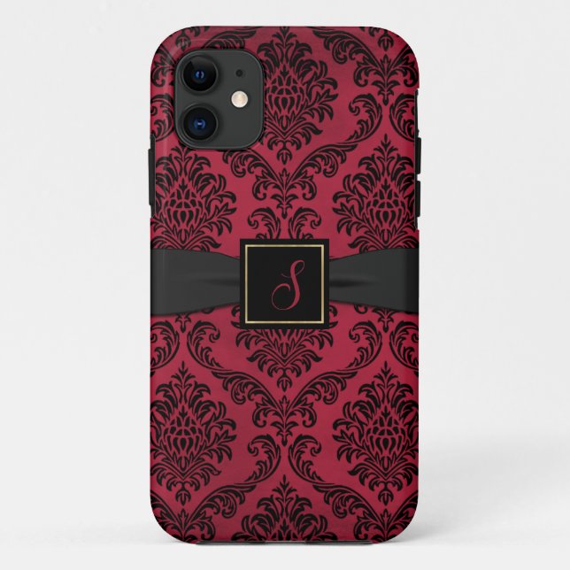 Gothic Red and Black Damask Monogrammed  Case-Mate iPhone Case (Back)