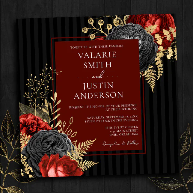Gothic Red and Black Floral Budget Wedding Invitation | Zazzle