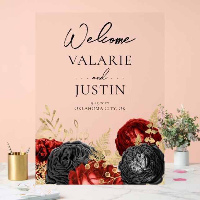 Gothic Red and Black Floral Welcome Wedding Acrylic Sign (Wedding)