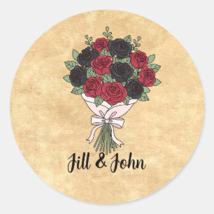 Gothic Red and Black Rose Bouquet Wedding Envelope Classic Round Sticker