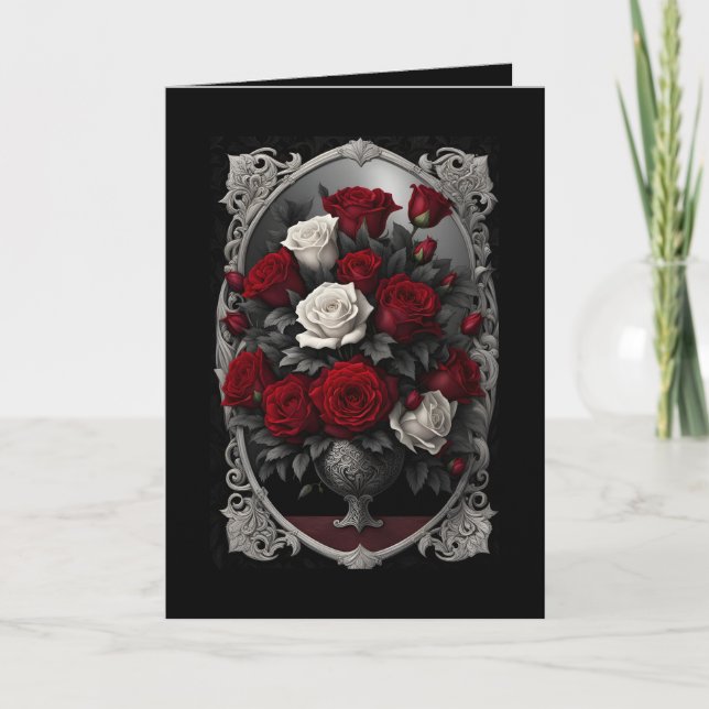 Gothic Red and White Roses Mother's Day Holiday Card (Front)