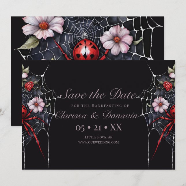 Gothic Red & Black Floral Spider Web Handfasting Save The Date (Front/Back)