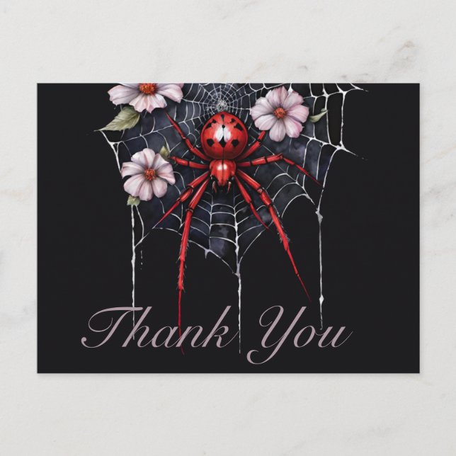 Gothic Red & Black Floral Spiderweb Thank You Postcard (Front)
