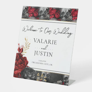 Gothic Red Black Floral Welcome Wedding Pedestal Sign