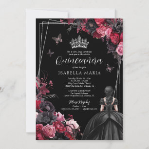 Gothic Red & Black Moody Florals Quinceañera Invitation