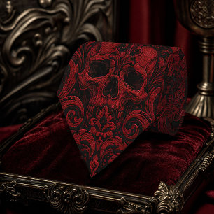Gothic Red & Black Skull Damask Seamless Pattern Tie