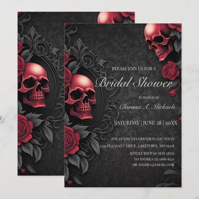 Gothic Red & Black Skull & Rose Bridal Shower Invitation (Front/Back)