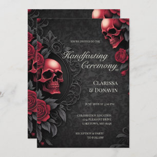 Gothic Red & Black Skull & Rose Damask Handfasting Invitation