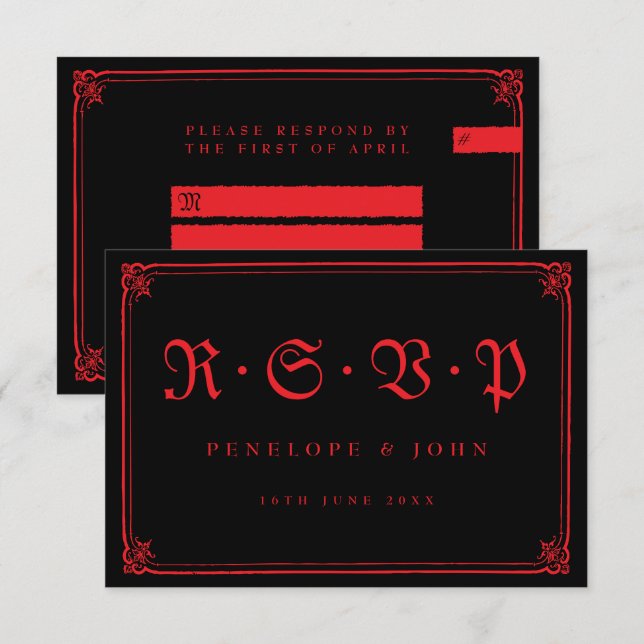 Gothic Red Black Typography Wedding RSVP Card (Front/Back)