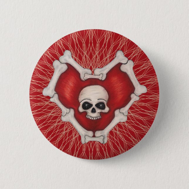 Gothic Red Bone Heart Skull in Centre Spiral Lines 6 Cm Round Badge (Front)