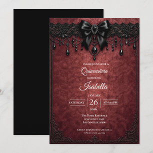 Gothic Red Bow pearls Quinceañera Invitation