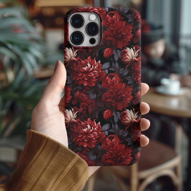 Gothic Red Chrysanthemum Dark Floral iPhone Case (Luxury Dark Floral iPhone 16 Pro Case | Gothic Red Botanical Phone Cover)